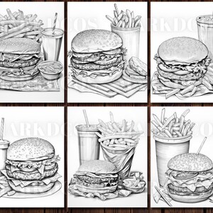 May include: Six black and white illustrations of hamburgers with french fries and a drink. Each illustration features a hamburger with lettuce, tomato, and cheese, along with a side of french fries and a drink in a paper cup.