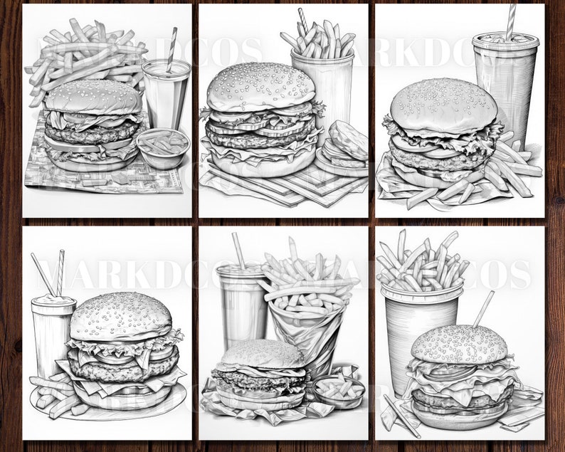 May include: Six black and white illustrations of hamburgers with french fries and a drink. Each illustration features a hamburger with lettuce, tomato, and cheese, along with a side of french fries and a drink in a paper cup.