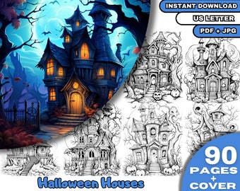 May include: A digital download of 90 printable coloring pages featuring various Halloween houses. The cover page shows a colorful illustration of a spooky house with a glowing window. The remaining pages are black and white line drawings of different houses.