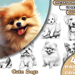 45 Cute Dogs Coloring, Adults & Kids  Coloring Pages, Grayscale Coloring Book, Digital Download, Printable PDF File