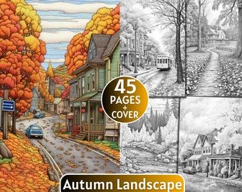 45 Autumn Landscape Coloring Pages, Grayscale Coloring Book for Adults and Kids,Fall Coloring Page,Digital Download,Printable Coloring Page