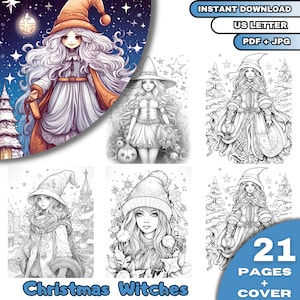 21 Christmas Witches Coloring Book, Adults & Kids  Coloring Pages, Grayscale Coloring Book, Digital Download, Printable PDF File