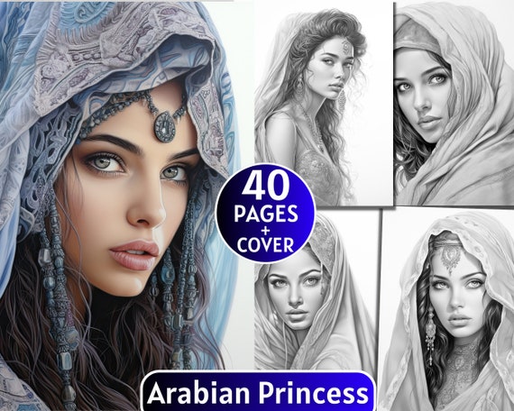 40 Arabian Princess Coloring Book, Grayscale Coloring Book for Adults and Kids, Queen Coloring Page,Digital Download,Printable PDF File