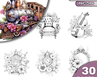 30 páginas para colorir com objetos florais vintage, para adultos e crianças, livro de colorir em tons de cinza, download digital, arquivo PDF para impressão.
