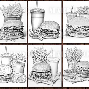 May include: A black and white illustration of six different fast food meals. Each meal includes a burger, fries, and a drink. The burgers are all double-decker and have lettuce, tomato, and cheese. The fries are all thin and crispy. The drinks are all in cups with straws.