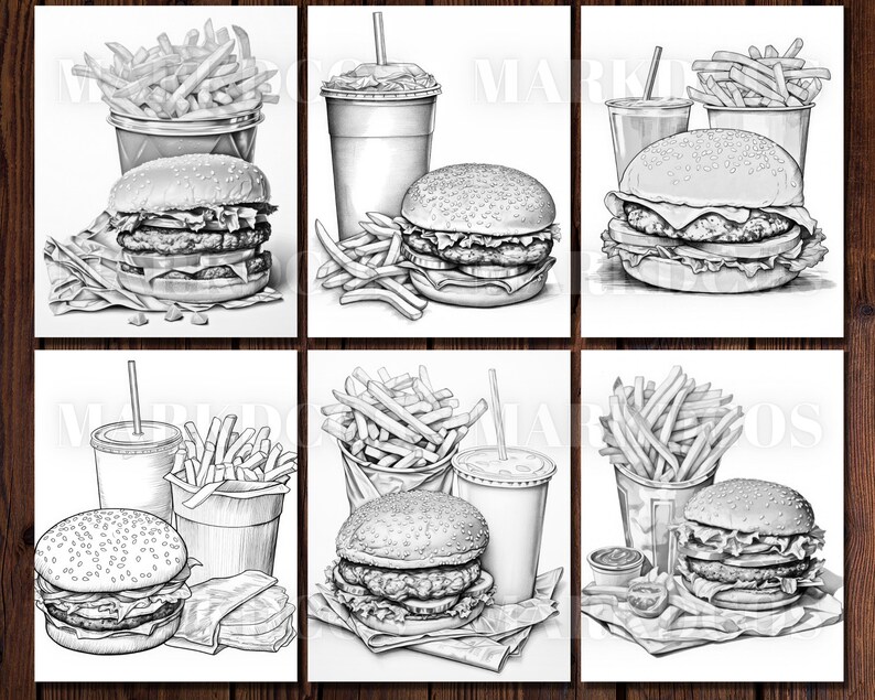 May include: A black and white illustration of six different fast food meals. Each meal includes a burger, fries, and a drink. The burgers are all double-decker and have lettuce, tomato, and cheese. The fries are all thin and crispy. The drinks are all in cups with straws.