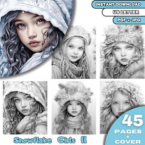 45  Snowflake Girl II. Coloring Book, Adults & Kids  Coloring Pages, Grayscale Coloring Book, Digital Download, Printable PDF File