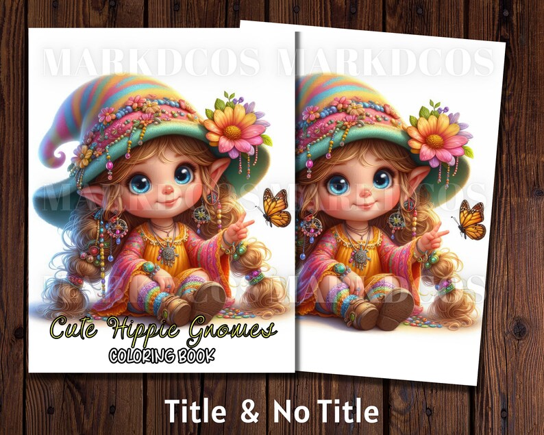 May include: A coloring book featuring a cute, colorful, hippie gnome with a rainbow hat, wearing a beaded necklace and a peace sign pendant. The gnome is sitting with its legs crossed and holding a flower in one hand. The book cover has the title "Cute Hippie Gnomes Coloring Book".
