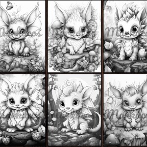 May include: Six black and white illustrations of cute, cartoon-like creatures with large ears and wings. The creatures are in various poses, some sitting, some standing, and some flying. They are all surrounded by flowers and other foliage.