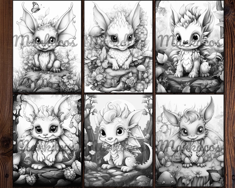 May include: Six black and white illustrations of cute, cartoon-like creatures with large ears and wings. The creatures are in various poses, some sitting, some standing, and some flying. They are all surrounded by flowers and other foliage.