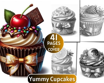 41 Yummy Cupcakes Coloring Pages | Grayscale Coloring Book for Adults and Kids | Dessert, Sweets, Cakes |Printable PDF| Instant Download