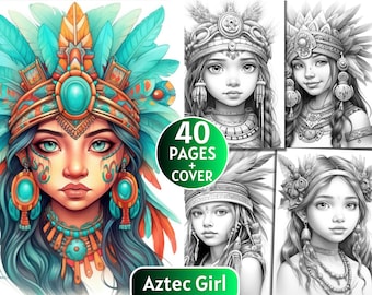 40 Aztec Girl Coloring Pages, Grayscale Coloring Book for Adults and Kids, Jungle Girl Coloring Page, Digital Download, Printable PDF File