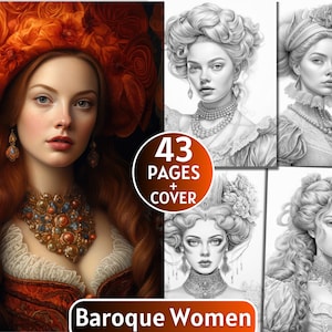 May include: A coloring book featuring 43 pages of intricate line drawings of women in baroque style clothing and hairstyles. The cover features a woman with red hair wearing a large orange flower crown and a jeweled necklace. The text "Baroque Women" is printed at the bottom of the cover.