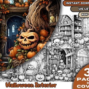 Może przedstawiać: 30-stronicowa książka do kolorowania do wydrukowania przedstawiająca przerażające wnętrze domu na Halloween z dyniami, czaszkami i przerażającym drzewem. Okładka przedstawia kolorową ilustrację wnętrza z dużą dynią.