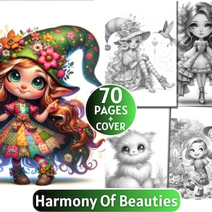 Libro para colorear 70 Harmony Of Beauties / Libro para colorear en escala de grises para adultos y niños / Criaturas, hadas, elfos / PDF imprimible / Descarga instantánea