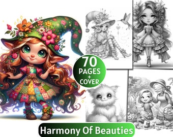 70 Harmony Of Beauties Coloring Pages | Grayscale Coloring Book for Adults and Kids | Creature,Fairy,Elves |Printable PDF| Instant Download