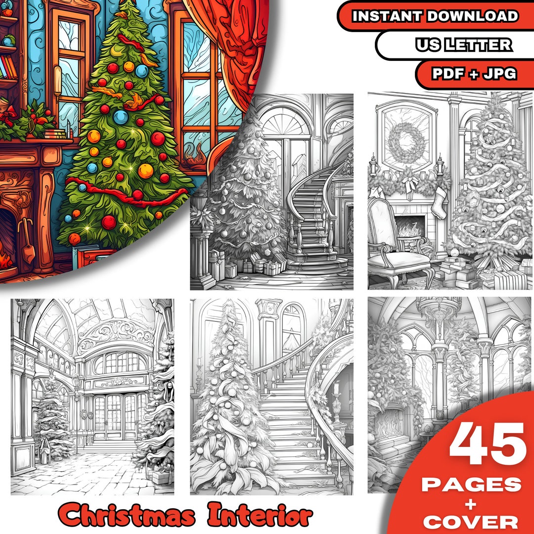 45 Christmas Interior Coloring Book, Adults & Kids Coloring Pages ...