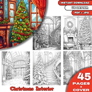45 Christmas Interior  Coloring Book, Adults & Kids  Coloring Pages, Grayscale Coloring Book, Digital Download, Printable PDF File