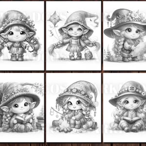 May include: Six black and white illustrations of cute, whimsical fairies with different accessories and activities. The fairies are wearing hats with flowers and have long hair. They are holding a kite, a book, a watering can, a marshmallow stick, and a book.