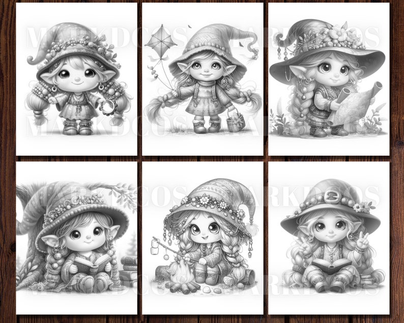 May include: Six black and white illustrations of cute, whimsical fairies with different accessories and activities. The fairies are wearing hats with flowers and have long hair. They are holding a kite, a book, a watering can, a marshmallow stick, and a book.