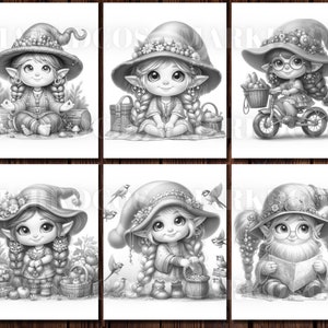 May include: Six black and white illustrations of gnomes wearing hats and dresses. The gnomes are engaged in various activities, such as meditating, riding a bicycle, reading a book, and holding a basket of apples.