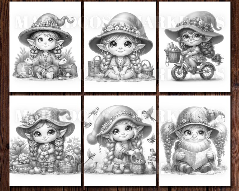 May include: Six black and white illustrations of gnomes wearing hats and dresses. The gnomes are engaged in various activities, such as meditating, riding a bicycle, reading a book, and holding a basket of apples.