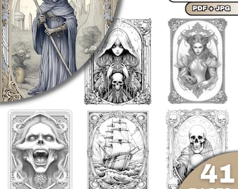 41 Halloween Tarot Coloring Pages, Adults & Kids  Coloring Pages, Grayscale Coloring Book, Digital Download, Printable PDF File