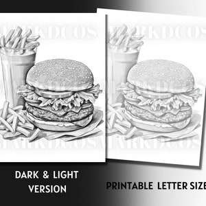 May include: Black and white illustration of a hamburger, french fries, and a milkshake. The hamburger has lettuce, tomato, and a sesame seed bun. The fries are in a paper bag. The milkshake is in a glass with a straw.