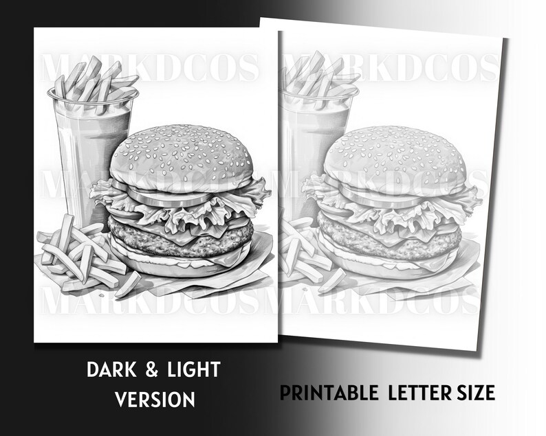 May include: Black and white illustration of a hamburger, french fries, and a milkshake. The hamburger has lettuce, tomato, and a sesame seed bun. The fries are in a paper bag. The milkshake is in a glass with a straw.