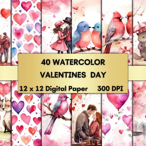 40 Aquarell Valentinstag Digital Papier, romantische Valentine Ephemera, Paar Tier Seiten, Junk Journal, Scrapbook, bedruckbares Papier