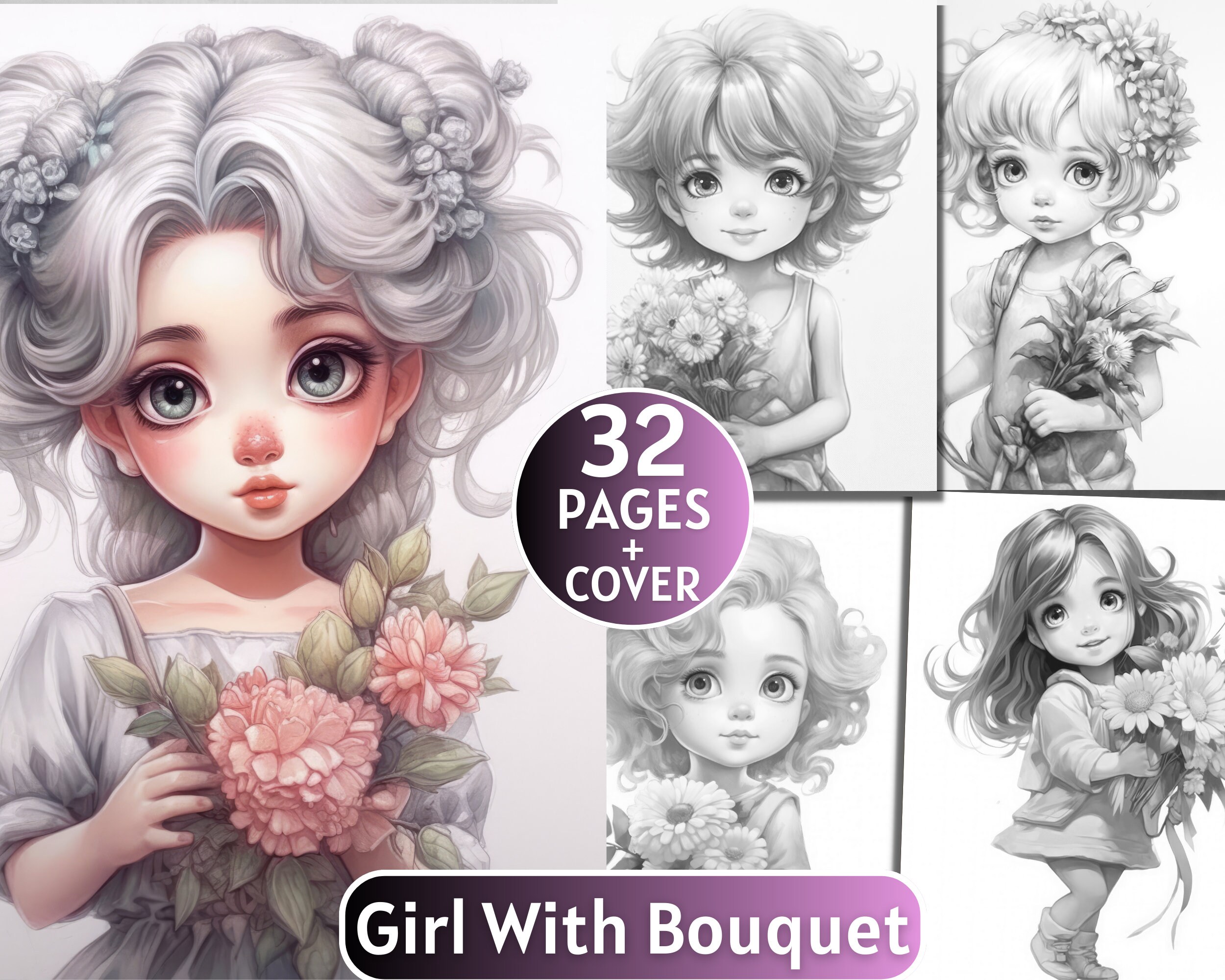 32 Girl With Bouquet Coloring Book, Grayscale Coloring Book for Adults ...