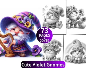73 Cute Violet Gnomes Coloring Pages | Grayscale Coloring Book for Adults and Kids | Floral Gnomes |Printable PDF| Instant Download