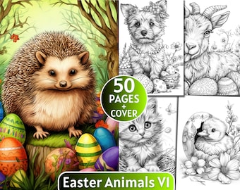 50 kleurplaten dieren Pasen V1, grijswaarden kleurboek voor volwassenen en kinderen, lente kleurplaat, digitale download, afdrukbare kleurplaat