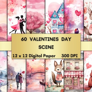 60 Aquarell-Valentinstag-Szenen, druckbares digitales Papier, Paar-Junk-Journal-Seiten, Scrapbook, Karten, Valentinstag-Ephemera, druckbares Papier