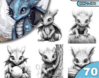 70 Baby Dragons Coloring Pages, Adults & Kids  Coloring Pages, Grayscale Coloring Book, Digital Download, Printable PDF File