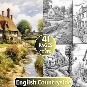 以下が含まれることがあります： イギリスの田園風景を描いたイラストが41ページ収録された塗り絵。表紙は、わらぶき屋根の趣のあるコテージ、曲がりくねった小道、小川を描いた水彩画。内ページには、同様の風景を白黒の鉛筆画で描いたイラストが掲載されている。