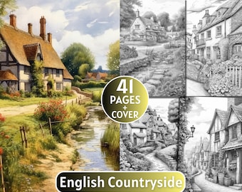 41 English Countryside Coloring Pages, Grayscale Coloring Book for Adults and Kids, Landsacpe Coloring ,Digital Download,Printable Coloring