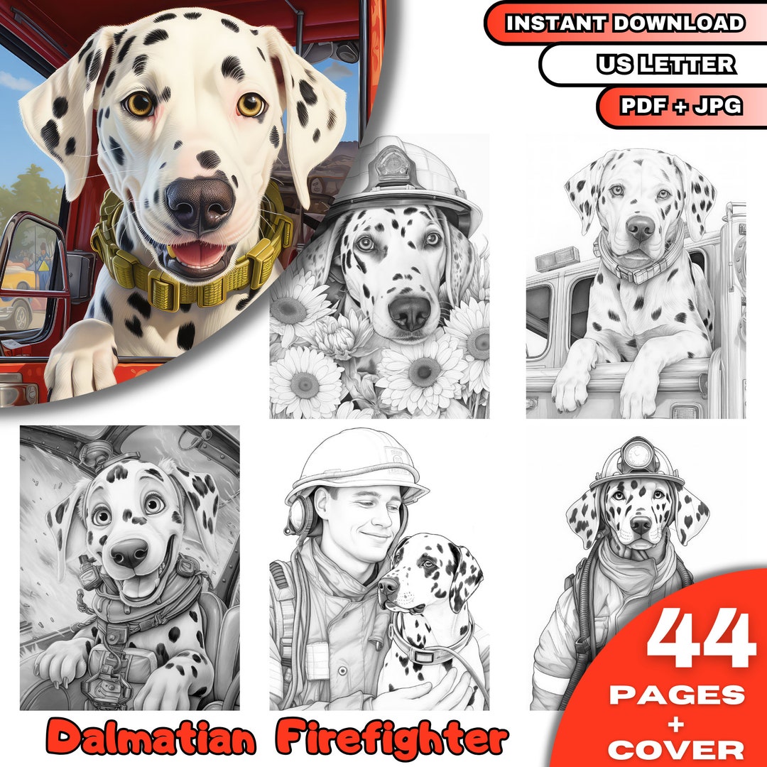 44 Dalmatian Firefighter Dog Coloring Book, Grayscale Coloring Book for ...