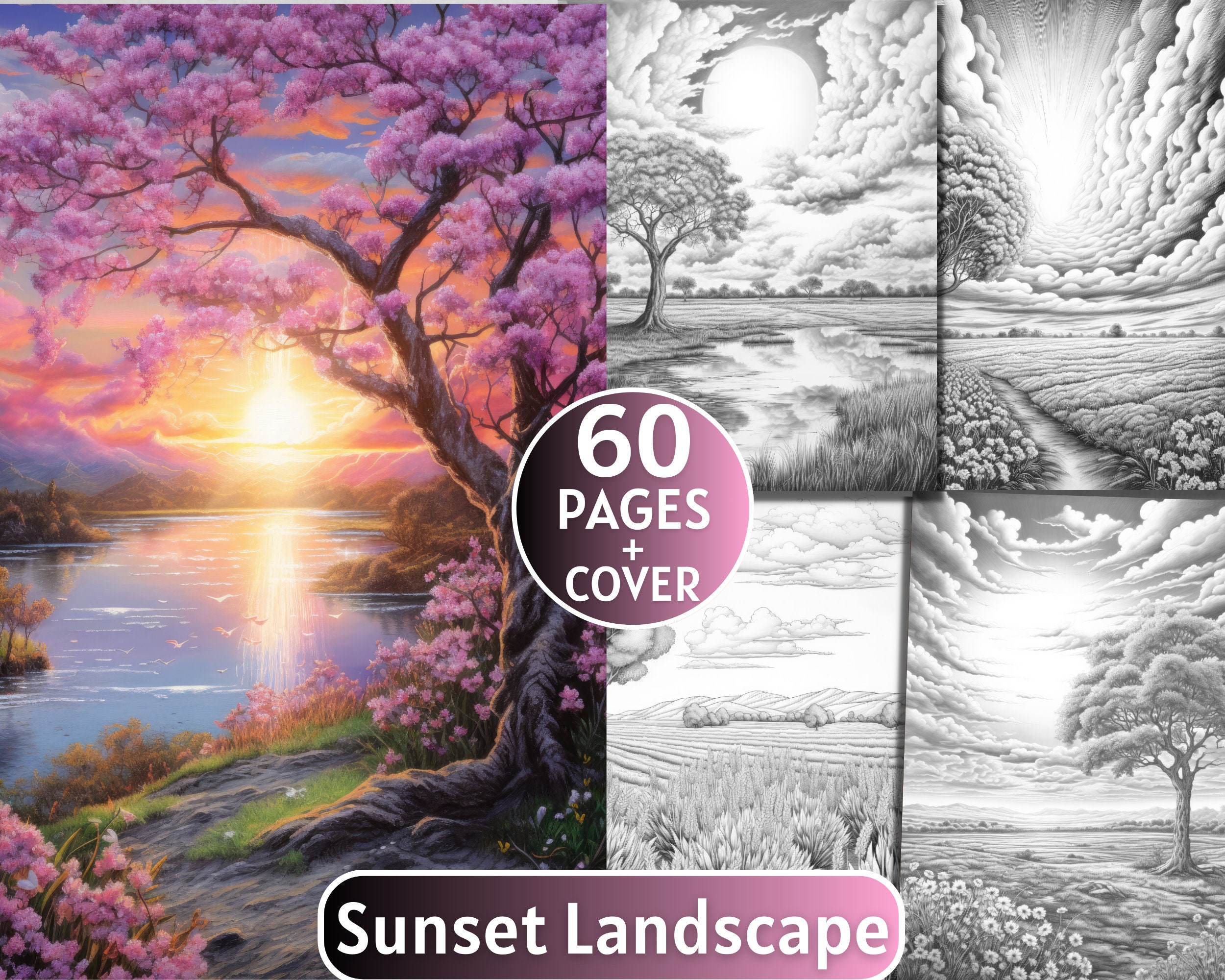 60 Paisajes de Atardecer en Escala de Grises – Libro de Colorear para Adultos y Niños | Páginas Florales Escénicas | Descarga Digital Imprimible
