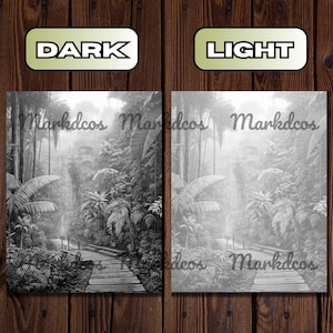 May include: A black and white illustration of a path through a jungle. The path is made of wooden planks and leads to a small bridge. The jungle is dense with trees and foliage. The image is labeled "Markdcos" in the top left and bottom right corners.