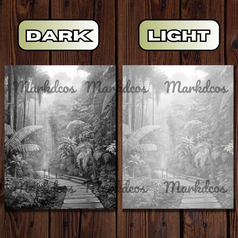 May include: A black and white illustration of a path through a jungle. The path is made of wooden planks and leads to a small bridge. The jungle is dense with trees and foliage. The image is labeled "Markdcos" in the top left and bottom right corners.