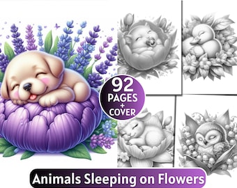 92 Animals Sleeping on Flowers Coloring Pages | Grayscale Coloring Book for Adults and Kids | Cute Animals |Printable PDF| Instant Download