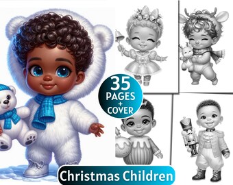 35 Christmas Children Coloring Book | Grayscale Coloring Book for Adults and Kids | Winter Girl, Xmas Chibi |Printable PDF| Instant Download
