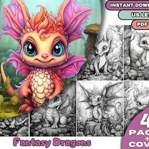 40 Fantasy Dragons Coloring, Adults + Kids  Coloring Pages, Digital Download, Grayscale Coloring Book, Printable PDF File