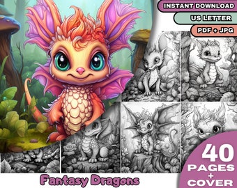 40 Dragones Fantásticos para Colorear, Páginas para Colorear para Adultos y Niños, Descarga Digital, Libro para Colorear en Escala de Grises, Archivo PDF Imprimible