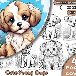 45 Cute Young Dogs Coloring Book, Adults & Kids  Coloring Pages, Grayscale Coloring Book, Digital Download, Printable PDF File