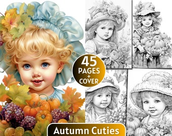 45 Autumn Cuties Coloring Pages, Grayscale Coloring Book for Adults and Kids,Fall Girl Coloring Page,Printable Coloring Page