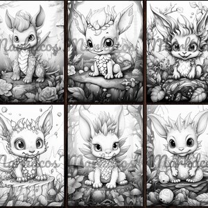 May include: Six black and white illustrations of cute, cartoon-like creatures with large eyes and wings. The creatures are in various poses and are surrounded by foliage and mushrooms.