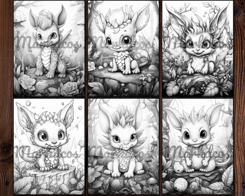 May include: Six black and white illustrations of cute, cartoon-like creatures with large eyes and wings. The creatures are in various poses and are surrounded by foliage and mushrooms.
