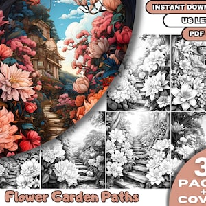 May include: A printable coloring book featuring 35 pages of flower garden paths with a cover page. The pages are black and white line drawings of a stone path winding through a garden with flowers and trees. The cover page features a colorful illustration of a similar scene.